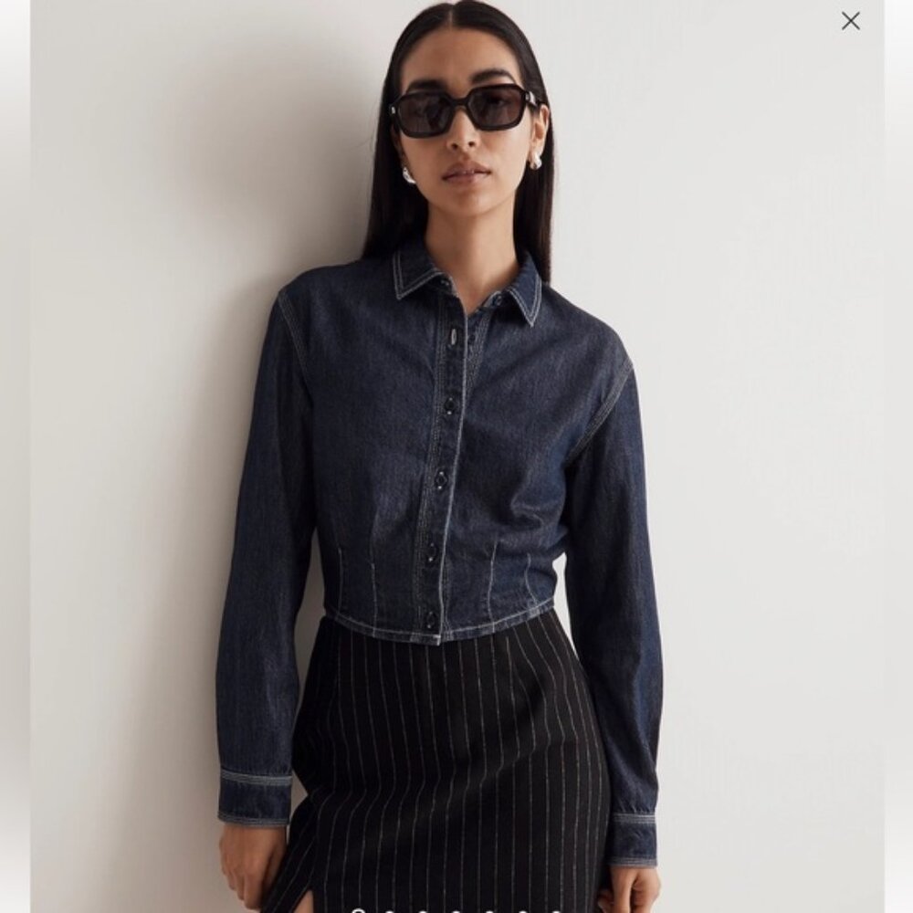 Madewell Denim Pleated Cropped Button-Up Shirt – Size Small